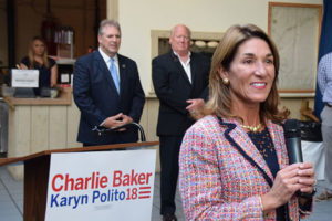 Lt. Gov. Karyn Polito was on the campaign trail recently in Marlborough, speaking at the New England Sports Center as Mayor Arthur Vigeant and NESC General Manager Wes Tuttle look on. Photos Submitted