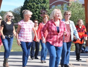 Mary Dragon (front) leads a line dance with her students from senior centers in Hudson, Northborough and Westborough at this year’s Arts in Common in Westborough.