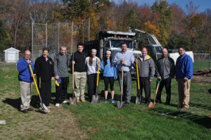 Members of the Assabet Valley Regional Technical High School community breaks ground for the new baseball and softball fields: (l to r) Martin Shaw, facilities director; Terry Riley, athletic director; Ryan Carlson, a senior baseball player from Northborough; Marty Henry, a senior baseball player from Rutland; Jocelyn Orangio and Maddie Parmeter, senior softball players from Maynard; Mike O’Brien, softball coach; Kristopher Luoto, director of business operations; John Silk and Marty Henry, baseball coaches. (Photo/submitted)