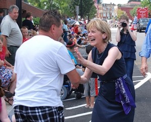 A supporter shares a laugh with Attorney General Martha Coakley, a Democratic candidate for governor.