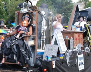 Riding on the Marlborough Moose Family Center 1129 float in this year’s Marlborough Labor Day Parade to promote its Haunted House food drive are (l to r) Carol Dimino with Nancy and Steve Ronayne. The float won the Mayor’s Trophy. (Photo/Ed Karvoski Jr.)