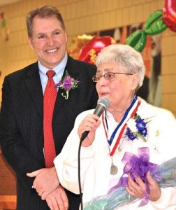Mayor Arthur Vigeant announces Frances Brescia as the city's Senior of the Year at a dinner April 10. Photo/Ed Karvoski Jr. 