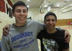 Erik Del Cid, left, and Omar Vazquez at the Marlborough High School gym. The two seniors have finished their season on the wrestling team with impressive records.