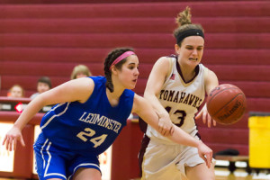 Algonquin’s Maddie Collins and Leominster’s Arianna Bilotta vie for a loose ball.
