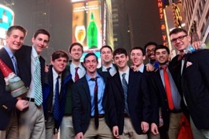 Ben Rutan (second from left) and the rest of Aires stand in Times Square, where the group began its Northeast tour.  (Photo/submitted)
