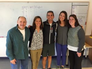 On a recent visit to Algonquin Regional High School in October 2015: (l to r) English teacher Tom Alera; class advisor Mary Rose Baron; Chris Conte; Kate Cogswell, Algonquin alumna; and class advisor Cathy Connelly. (Photos/submitted)