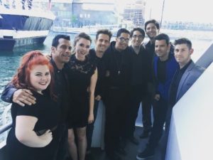 The Hexachords pose with members of the band New Kids on the Block (NKOTB) before they had the opportunity to perform on the NKOTB show “Rock this Boat.”