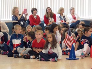Kindergarteners wore red, white and blue to show their patriotism.