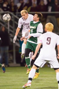 Algonquin’s Domenic Cianci (#10) and Wachusett’s Jake Thibodeau (#8) battle for the ball.