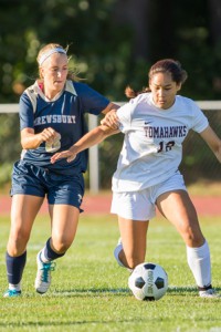 Algonquin’s Annemarie Moy and Shrewsbury’s Rebecca Paddock vie for the ball.