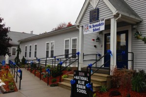 St. Bernadette School is adorned in blue ribbons in honor of the prestigious designation.