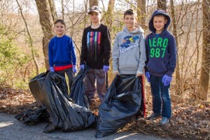  (l to r) David Gillingham, Tony Bianchi, Chandler Lavalle and Clayton Budz of Northborough Cub Scout Pack 25 Den 6 pick up trash along Crawford St. 
