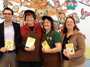 Local author Jarrett J. Krosoczka with Proctor School lunch ladies (l to r) Diane Thompson, Sue Sowden and Diane Webster. (Photo/submitted)