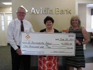(l to r) Mark O’Connell, president and CEO of Avidia Bank; Deborah O’Neil, principal of St. Bernadette School; and Jennifer Cardoso, Northborough branch manager of Avidia Bank Photo/submitted 