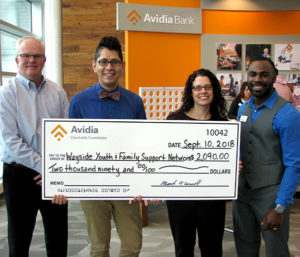(l to r) Mark O’Connell, President and CEO of Avidia Bank; Nicolas Kane, development manager of Wayside Youth and Family Support Network; Kim Ward, senior program director of MetroWest Community Services of Wayside Youth and Family Support Network; Jeremy Brandon, Framingham AVP market manager of Avidia Bank. Photo/submitted