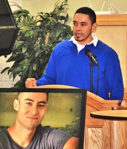 During a gathering Feb. 6 at Assabet Valley Regional Technical High School, Luiz DaCosta speaks about how Pablo Salcedo continues to impact everyone he encountered throughout his life.