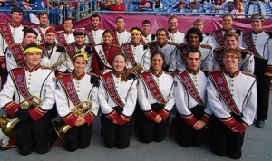 Among the Worcester County members of the UMass Minuteman Marching Band are Cassandra Boosahda (Front, third from right), Stephen Gillman (Front, second from right), and Arsanuos Abousetta (Second row, second from right) representing Shrewsbury. Photo/Alyson Villard 