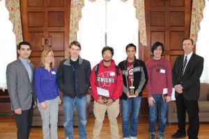 (l to r) Dr. Adam Villa, assistant professor of computer science and mathematics at Providence College; Diane Rodriguez, advisor; Westborough High School students Steven Homberg, Amaresh Emani, Vanshaj Chowdhary and Elijah Nicasio; and Charles Haberle, assistant vice president for academic affairs, academic facilities and technology planning at Providence College.