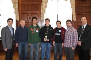 (l to r) Dr. Adam Villa, assistant professor of computer science and mathematics at Providence College; Dan Forhan, advisor; Algonquin Regional High School students Joey Wei, Eddie Pyne, Carl Bai and George Michas; and Charles Haberle, assistant vice president for academic affairs, academic facilities and technology planning at Providence College.
