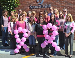 Employees donated $5 or more to wear jeans to work in support of breast cancer research. (l to r, front row) Pam Keyes, Sheryle Gaudette, Stacie Moulton, Nicole Rawlston, Chelsea Edwards and Lynne Esposito; (l to r, second row) Pam LeBlanc, Lori Kowal, Maria Campsie, Tim Gardell, Nancy Wilbur, Susan LaCroix, Lucille Newton, Wendy Coran, Lisa Chaffee, Steve Quink, Jennifer Anderson, Jaime Salerno and Rich Hebson  Photo/submitted 