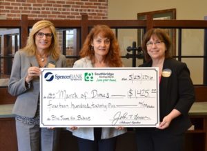 (l to r) : Lori Kelly, vice president/branch administrator, SpencerBANK;  Patty Kady, development manager, New England Chapter of March of Dimes; and Bonnie Losavio, assistant vice president/human resources, Southbridge Savings Bank Photo/submitted 