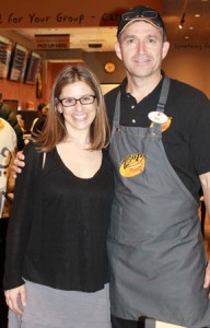 Lauren B. Schiffman, director of communications, Century Health Systems/Natick VNA, stands with Zoup! owner and Southborough resident Mark Fox at the recent pre-grand opening fundraiser to benefit Natick VNA. (Photo/submitted) 