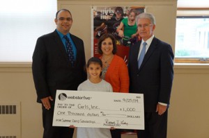 (l to r) Sam Bitar, executive director of the Webster Five Foundation and business analyst, Webster Five; Victoria Waterman, CEO, Girls Inc.; Richard Leahy, CEO/president, Webster Five; and (front) Cassidy Vanner, student at Girls, Inc.