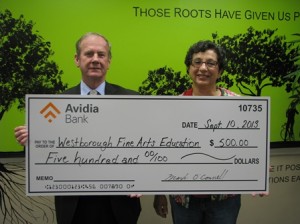 Jimmie Ames, AVP market manager of Avidia Bank (left) presents a check to Judy Wilchynski, vice president of Westborough Fine Arts Education. (Photo/submitted)