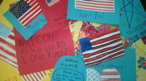 Welcome Home cards prepared by Westborough’s Armstrong Elementary School students for returning soldiers. (Photo/submitted)