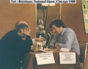 James Rizzitano plays former World Chess Champion Mikhail Tal at the 1988 National Open in Chicago. The game ended in a draw. Mikhail Tal is from Riga, Latvia, and was the World Chess Champion in 1961. (Photo/submitted)