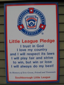 A sign with the Little League Pledge in memory of Eric Green posted at Finn School Mooney Field. (Photos/submitted)