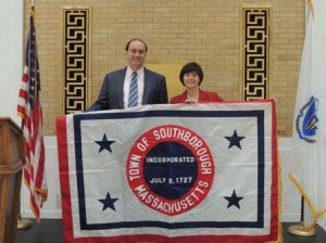 Senator James Eldridge and Representative Carolyn Dykema display the new Southborough town flag. (Photo/submitted)