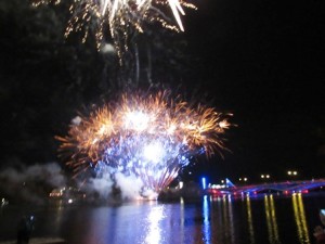 The sky is lit up over Lake Quinsigamond with a spectacular fireworks display. 