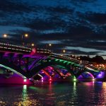 Burns Memorial Bridge illuminated in rainbow colors for Worcester Pride Week