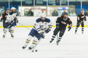 Shrewsbury’s Jack Quinlivan brings the puck up the ice in a game against Marlborough.