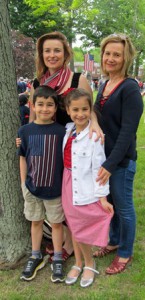 Mary Casey and her daughter, Catherine Rajwani, enjoy a relaxed morning in the Shrewsbury town center with 7-year-old twins Sam and Lucy as they view the Memorial Day activities.