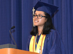 Valedictorian Ahana Mukhopadhyay discusses her classmates’ experience of saying goodbyes. Photos/Ed Karvoski Jr.