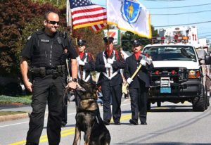 Officer Chad Chysna and K9 Hunter are among the Shrewsbury first responders parade unit. Photos/Ed Karvoski Jr.