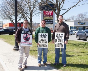 (left to right) Mark Sullivan, Kurt Brenner and Steve Pasquale installation and repair technicians for Verizon strike outside the Shrewsbury store on Route 9.