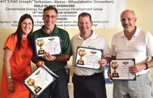 (l to r) State Rep. Hannah Kane congratulates the First-Place Gross Team Award winners of Central One Federal Credit Union: Dave L’Ecuyer, Mike Carfield and Charlie Giacoppe. Not pictured is Keith Early.