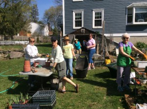 Shrewsbury Garden Club members ( MaryLou McMahon, Marcia Arnold, Valerie Gannon, Barbara Droege, Helen Porter and Jane Humphrey ) are busy potting perennial plants in preparation for their Annual Plant Sale to be held Saturday May 16, from 9- 12 p.m.  at the Shrewsbury Senior Center,  Maple, Ave.  A free plant will be given to those who bring a donation for the St. Anne's Food Pantry. Photo/submitted 