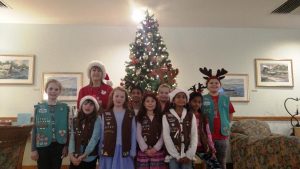 The caroling party from Shrewsbury’s Junior Troop 11087 and Brownie Troop 30705. (Photo/submitted)