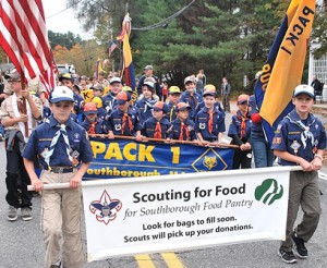 Pack 1 promotes its upcoming Scouting for Food when they’ll pick up items Saturday, Nov. 8, for the Southborough Food Pantry.