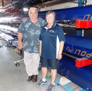 Russell and Pamela Krause in Shrewsbury High School’s bay at the Donahue Rowing Center in Shrewsbury. (Photo/Valerie Franchi)