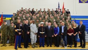 The Assabet Marine Corps JROTC cadets, honored guests, and featured speakers at the annual Assabet Veterans Day assembly