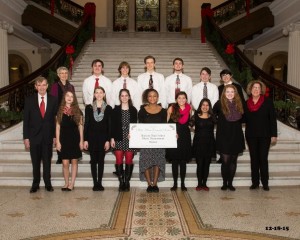 The Hudson High School Camerata Acapella Choir and choir director Jeannette McLellan at the State House. (Photo/submitted)