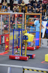 The AZTECHS 157 robot built by students at Assabet Valley Regional Technical High School competes in an event at Bridgewater-Raynham High School. Photos/Cindy Zomar