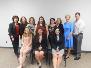 (front, l to r) Student recipients of the 2018 Cathy Gregory Mogavero Business Professionals of America Award, Marissa Caissie, Ghislaine Morris, and Samantha Medeiros; (back) BPA Advisors and members of the Marlborough Regional Chamber of Commerce (not pictured, recipient Haylee Braga) Photo/Bonnie Adams 