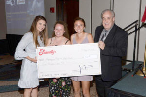 (l to r) Vanessa Larareo, girls’ varsity lacrosse coach, Erin Blake and Grace Gibbons, girls’ varsity lacrosse captains, and William Chiccarelli, brand communications & field marketing manager of FIC Restaurants, Inc. Photo/submitted