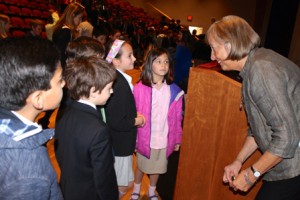 Author Sharon Creech speaks to students from Fay School in Southborough.  Photo/submitted 